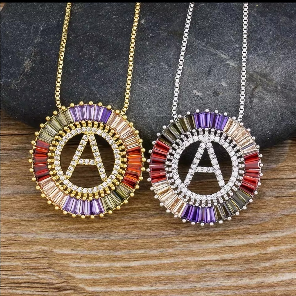 Tri Color Cubic Zirconia initial Pendant Necklace  For Women gold and silver